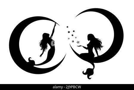 Silhouettes of mermaids sitting on a moon.  Stock Vector