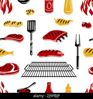 Bbq seamless pattern with grill objects and icons. Stylized kitchen and restaurant menu items. Stock Vector