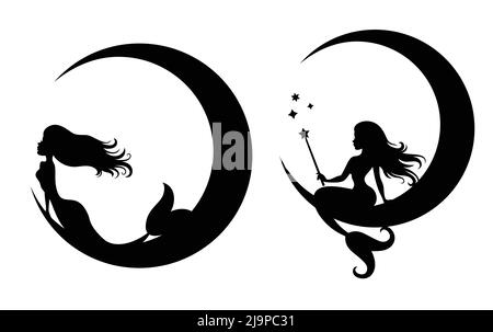 Silhouettes of mermaids sitting on a moon.  Stock Vector