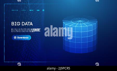 Bid data blue background. Wireframe cylinder vector. Network connection. Stock Vector