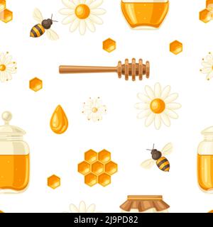 Seamless pattern with honey items. Image for business, food and agricultural industry. Stock Vector