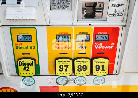 The front of a gas pump at a Shell gas station, showing prices over six dollars a gallon.  A gas hike is going into effect in California in July. Stock Photo