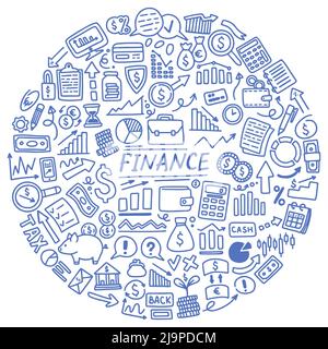 Finance doodle set blue color vector illustration Stock Vector