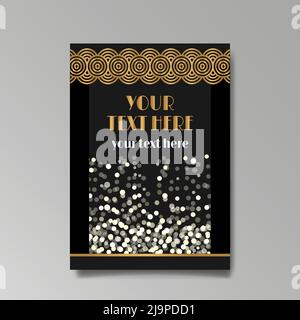 Art Deco A4 page template, retro style for web and print, city and the lights pattern with golden lines. Modern design for menu or flyer, luxury gentl Stock Vector