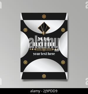 Art Deco template golden-black white, A4 page, menu, card, invitation, Sun and city lights in a Art Deco Art Nuevo style, beautiful background, luxury Stock Vector