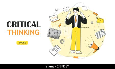 Critical thinking, Vector flat graphic design. News filter, flat vector landing page template. Newspaper icon vector. Social media. Global social netw Stock Vector
