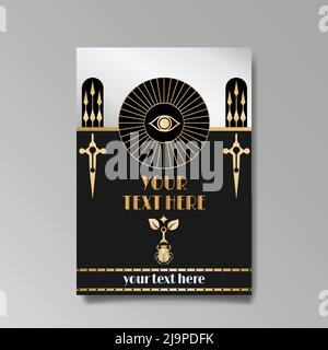Art Deco template golden-black white, A4 page, menu, card, invitation, Sun and city lights in a Art Deco Art Nuevo style, beautiful background, luxury Stock Vector