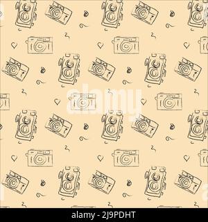 seamless pattern of different vintage cameras drawn by hand on a light background Stock Vector
