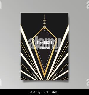 Art Deco template golden-black white, A4 page, menu, card, invitation, Sun and city lights in a Art Deco Art Nuevo style, beautiful background, luxury Stock Vector