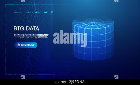 Bid data blue background. Wireframe cylinder vector. Network connection. Stock Vector
