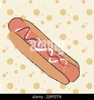 hand drawn sausage in dough, hot dog . on a beige background with dots. for packaging, covers, wrapping paper. vector illustration. Stock Vector