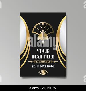 Art Deco template golden-black white, A4 page, menu, card, invitation, Sun and city lights in a Art Deco Art Nuevo style, beautiful background, luxury Stock Vector
