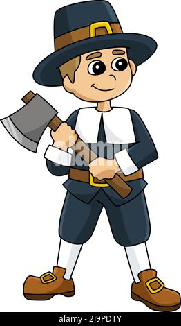 Thanksgiving Pilgrim Boy Colored Cartoon Clipart Stock Vector