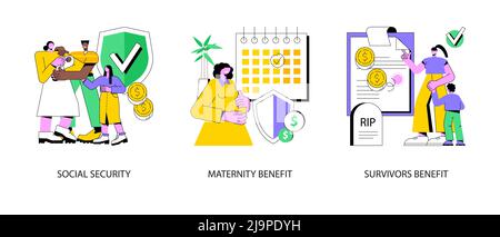 State allowance abstract concept vector illustration set. Social security, maternity and survivors benefit, retirement insurance, parental support, death certificate, financial help abstract metaphor. Stock Vector