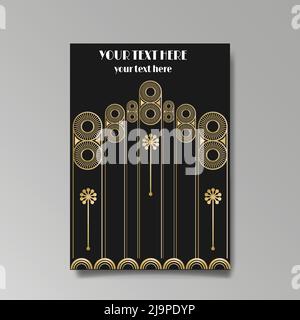 Art Deco A4 page template, retro style for web and print, city and the lights pattern with golden lines. Modern design for menu or flyer, luxury gentl Stock Vector