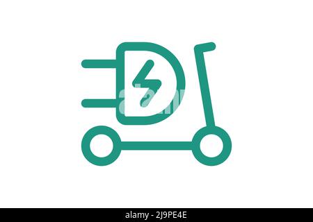 Electric push scooter icon. Green cable electrical kick e-scooter contour and plug charging symbol. Eco friendly electro vehicle logo concept. Vector battery powered EV transportation eps illustration Stock Vector