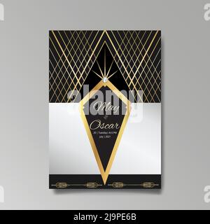 Art Deco template golden-black white, A4 page, menu, card, invitation, Sun and city lights in a Art Deco Art Nuevo style, beautiful background, luxury Stock Vector