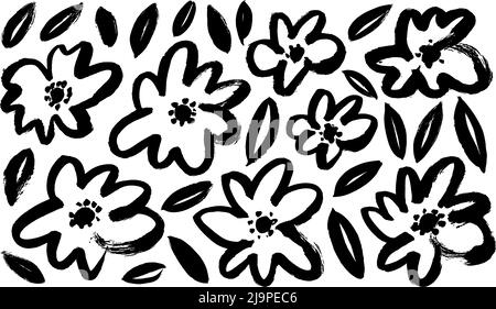 Black chamomile hand drawn painted vector set. Stock Vector