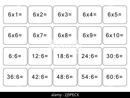 Multiplication and division table of 6. Maths card with an example, drawing. Multiplication Square, vector illustration. Printed product, banner Stock Vector