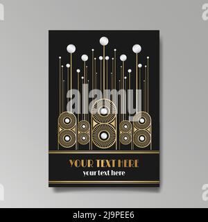 Golden-black A4 page template, menu, flyer, card, invitation, geometric city. Art Deco Art Nuevo style beautiful background. Antique style design. Stock Vector