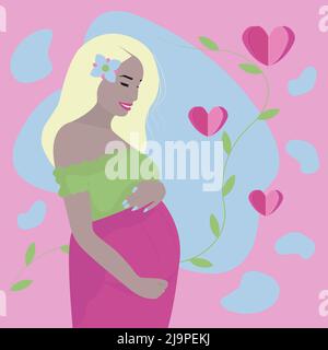 Pregnant blonde, illustration on pink background Stock Vector