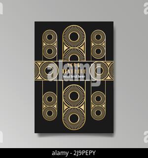 Golden-black A4 page template, menu, flyer, card, invitation, geometric city. Art Deco Art Nuevo style beautiful background. Antique style design. Stock Vector