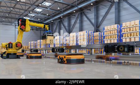 Factory Automation with Automated Guided Vehicles and robotic arm in transportation to increase transport more with safety.3d rendering Stock Photo
