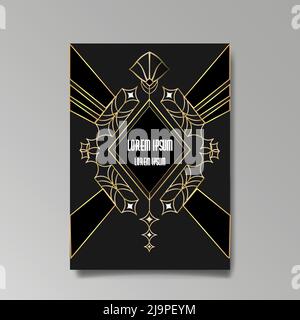 Art Deco template golden-black, A4 page, menu, card, invitation, Sun and city lights in a Art Deco Art Nuevo style, beautiful background, luxury invit Stock Vector