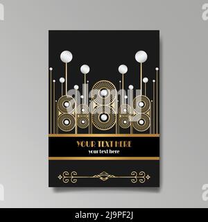 Art Deco template golden-black white, A4 page, menu, card, invitation, Sun and city lights in a Art Deco Art Nuevo style, beautiful background, luxury Stock Vector