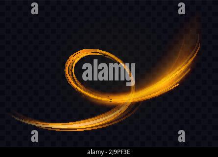 Golden luminous swirl shape, abstract light effect vector illustration. Luxury sparkling trail shiny magic swirling gold spirals, speed motion on transparent black background Stock Vector