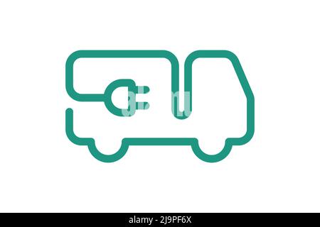 Electric delivery truck icon. Green cable electrical lorry contour and plug charging symbol. Eco friendly electro vehicle sign concept. Vector battery powered transportation eps illustration Stock Vector