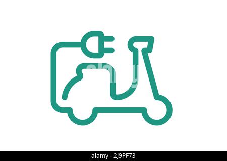 Electric motorcycle icon. Green cable electrical moped contour and plug charging symbol. Eco friendly electro motorcycle vehicle sign concept. Vector battery powered EV transportation eps illustration Stock Vector