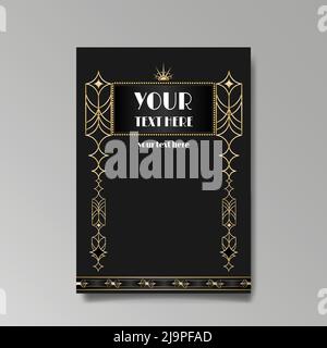 Art Deco template golden-black, A4 page, menu, card, invitation, Sun and city lights in a Art Deco Art Nuevo style, beautiful background, luxury invit Stock Vector