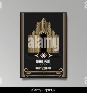 Golden-black A4 page template, menu, flyer, card, invitation, geometric city. Art Deco Art Nuevo style beautiful background. Antique style design. Stock Vector