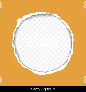 Ragged torn round hole in orange paper and transparent background of the resulting window. Realistic vector illustration. Round frame mockup for banner and poster. Stock Vector