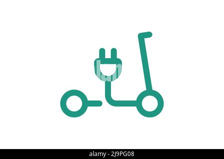 Electric push scooter icon. Green cable electrical kick e-scooter contour and plug charging symbol. Eco friendly electro vehicle sign concept. Vector battery powered transportation eps illustration Stock Vector