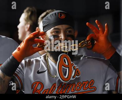 Bronx, United States. 24th May, 2022. Baltimore Orioles Rougned Odor hits a  3-run home run in the seventh inning against the New York Yankees at Yankee  Stadium in New York City on