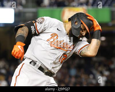 Bronx, United States. 24th May, 2022. Baltimore Orioles Rougned Odor  celebrates after hitting a 3-run home run in the seventh inning against the  New York Yankees at Yankee Stadium in New York