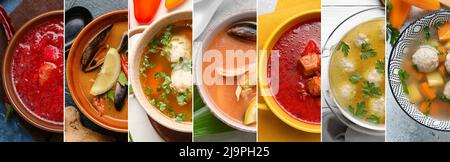 Set of tasty soups in bowls, top view Stock Photo