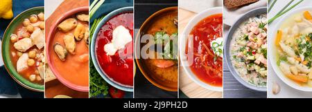 Set of tasty soups in bowls, top view Stock Photo