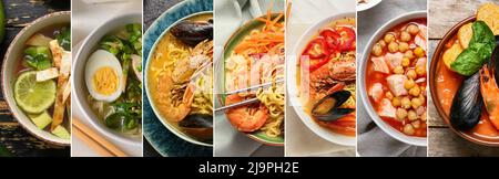 Set of tasty soups in bowls, top view Stock Photo