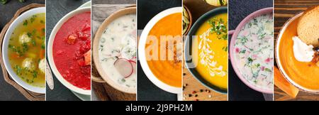 Set of tasty soups in bowls, top view Stock Photo