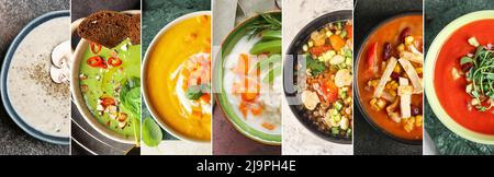 Set of tasty soups in bowls, top view Stock Photo