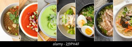 Set of tasty soups in bowls, top view Stock Photo