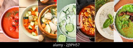 Set of tasty soups in bowls, top view Stock Photo