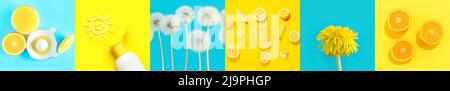 Summer collage of tasty citrus juices with dandelion flowers and sunscreen on colorful background Stock Photo