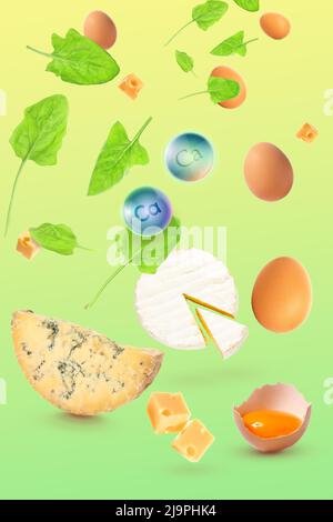 Flying healthy products rich in calcium on green background Stock Photo