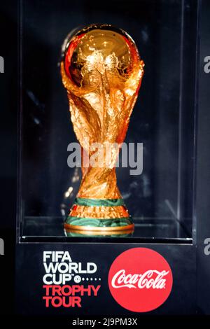 The FIFA World Cup Trophy at Stedelijk Museum in Amsterdam on 20 March 2014.  Together wint the plane the cup for the winner of the World Cup in Brazil  2014 is in