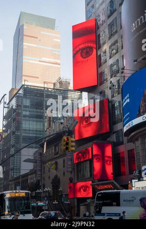 New York, NY - USA - May 20, 2022 Vertical Neon Subway sign and advertising displays at the entrance to the Times Square Square New York City Subway s Stock Photo