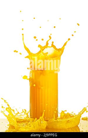 orange juice splash isolated on white. glass of splashing orange juice. close up. stock photo Stock Photo